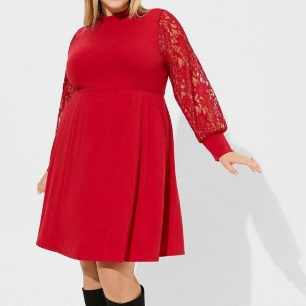 Torrid - At The Knee Jersey Lace Sleeve Mock Neck Skater Dress - 4X - Red
